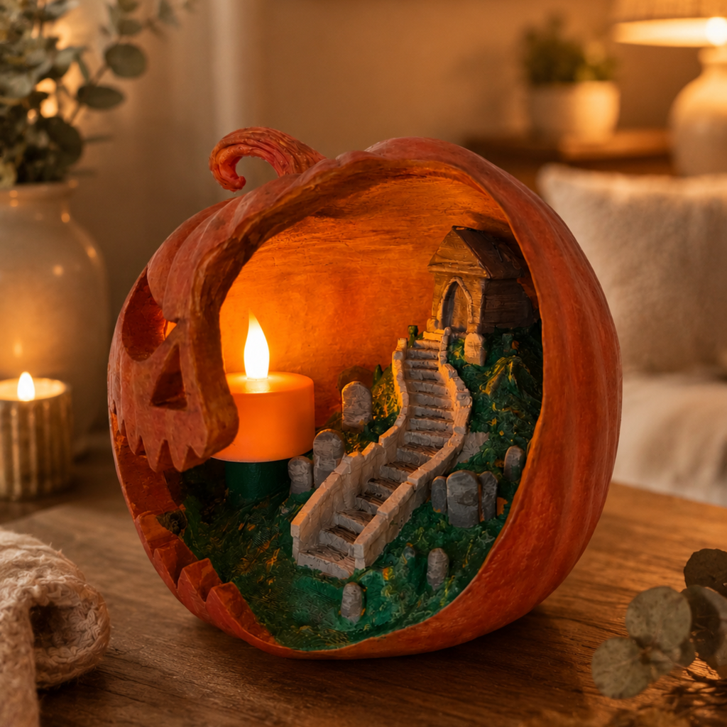 Halloween Pompoen met Kerkhof Tafereel