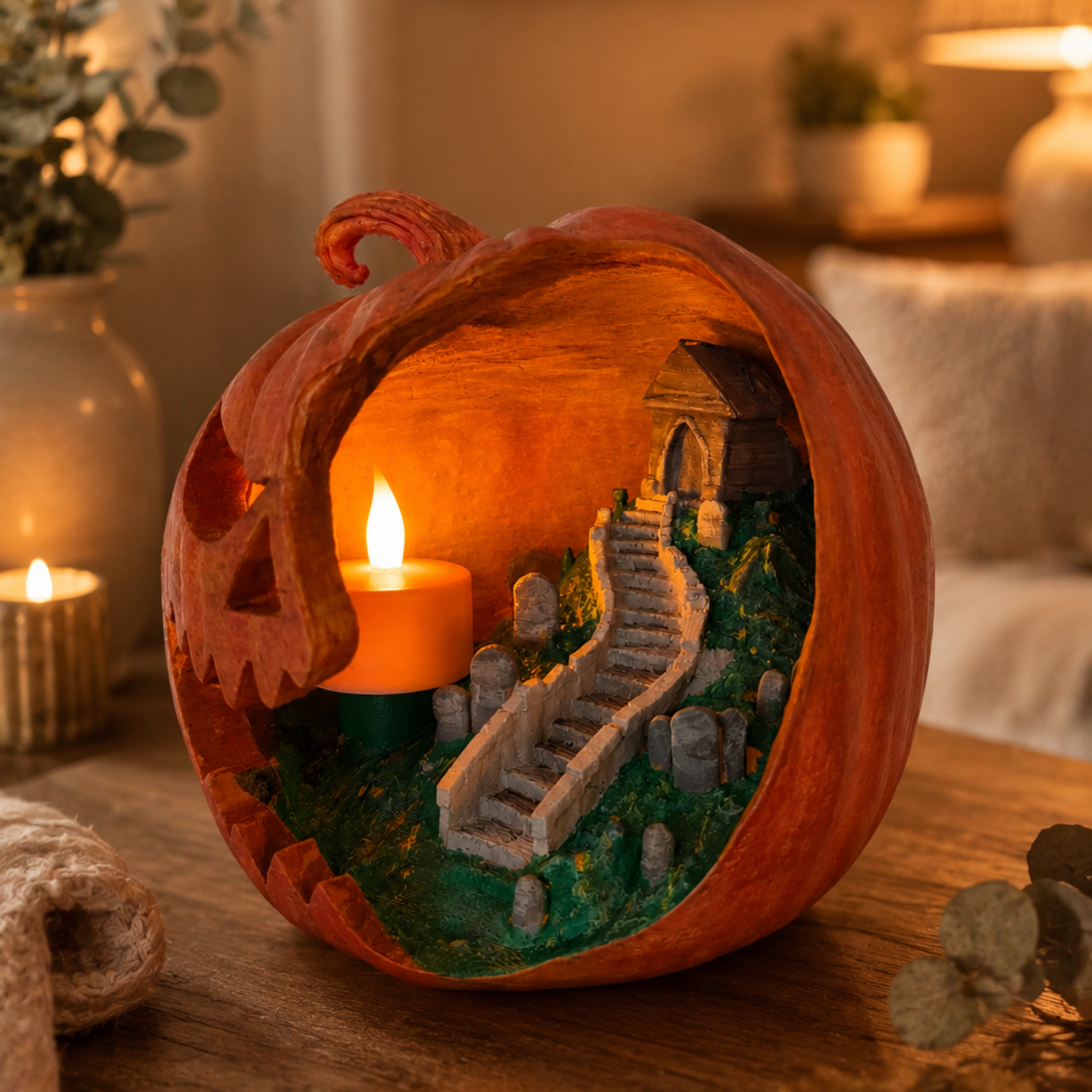 Halloween Pompoen met Kerkhof Tafereel