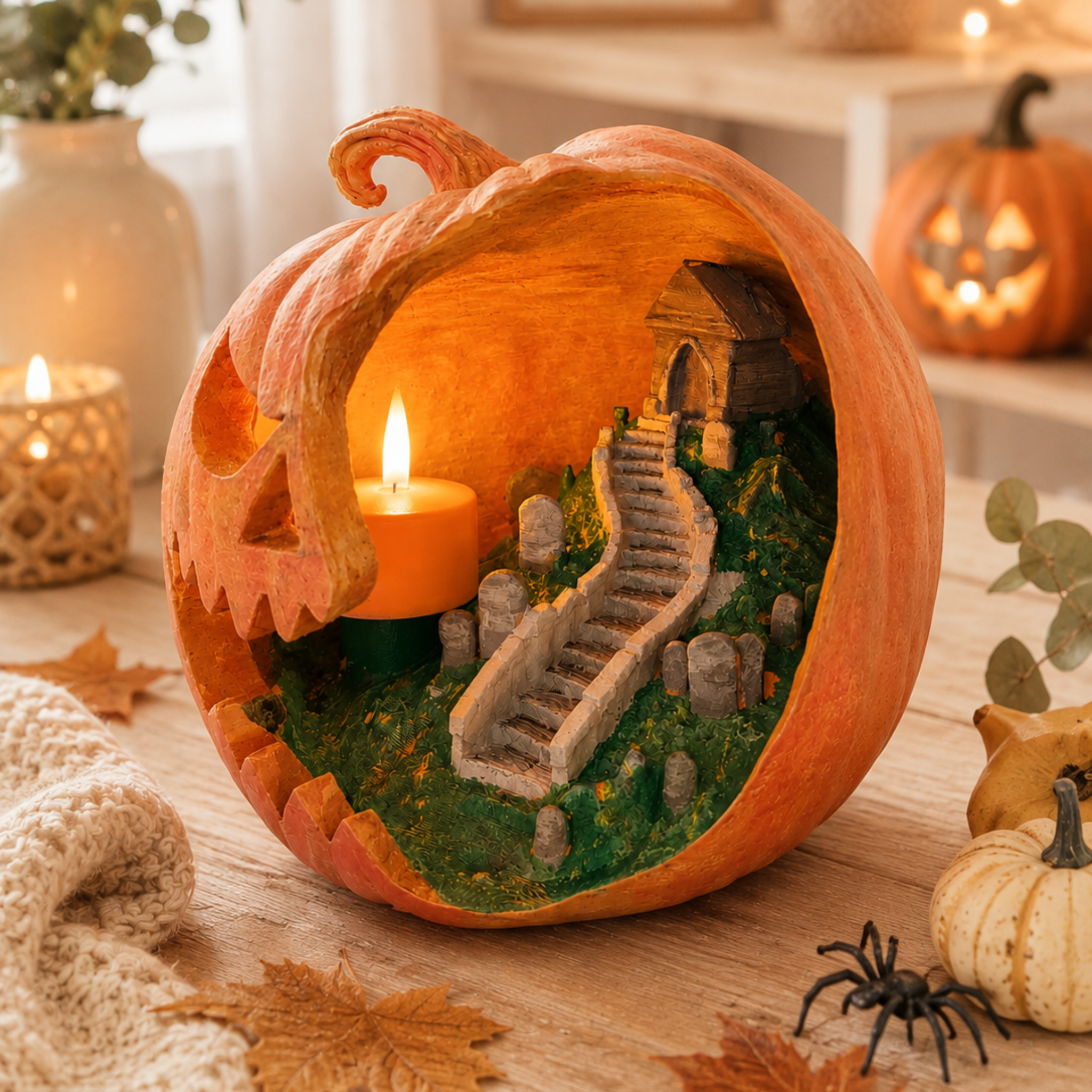 Halloween Pompoen met Kerkhof Tafereel