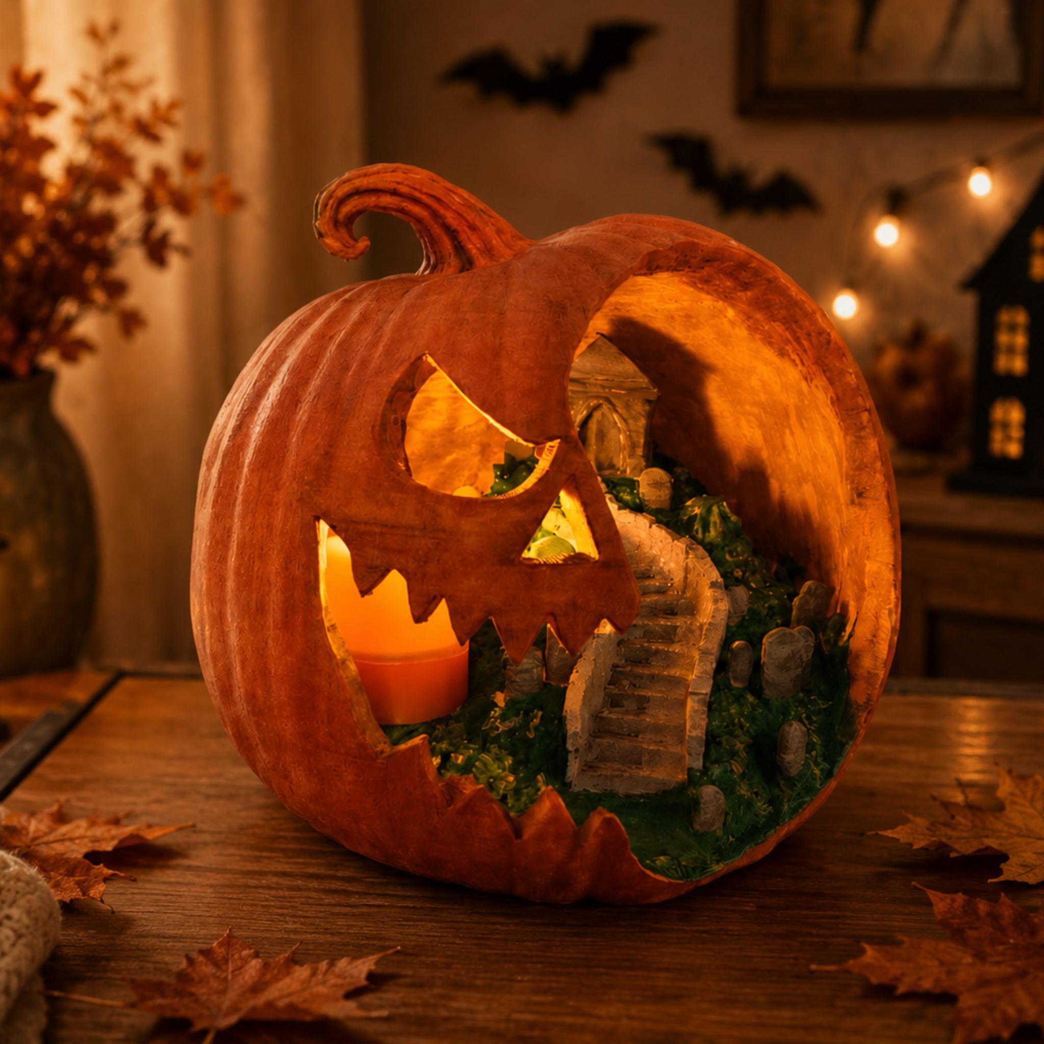 Halloween Pompoen met Kerkhof Tafereel