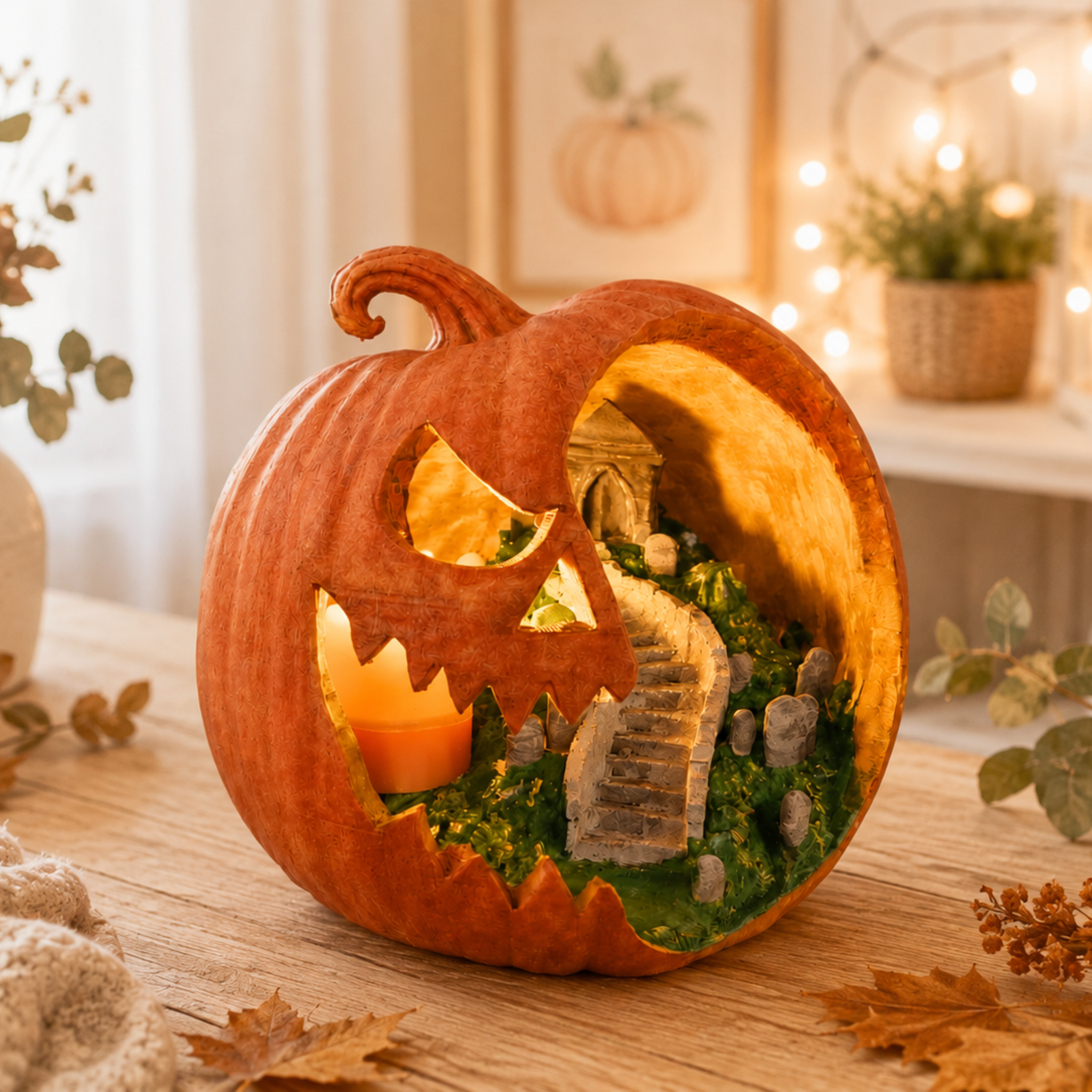 Halloween Pompoen met Kerkhof Tafereel